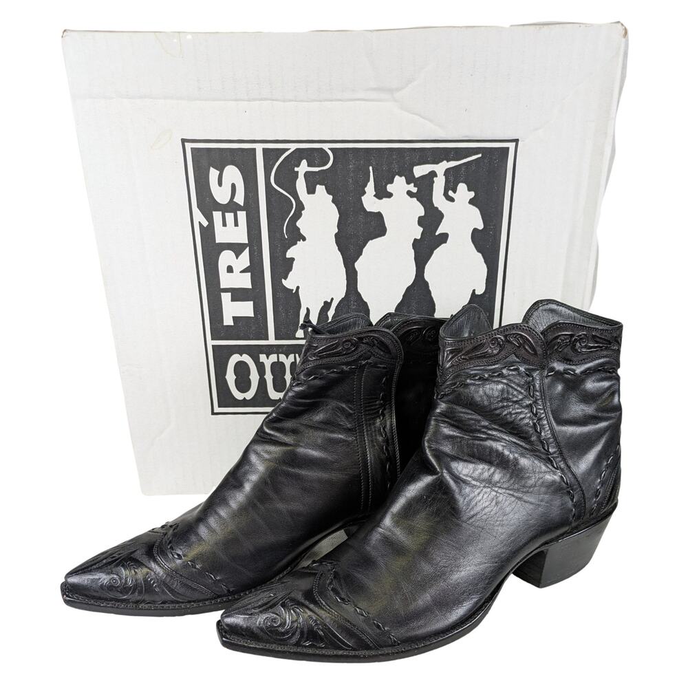 Tres Outlaws Black Hand-Tooled Zorro Leather Cowboy Ankle Booties Women's size 8